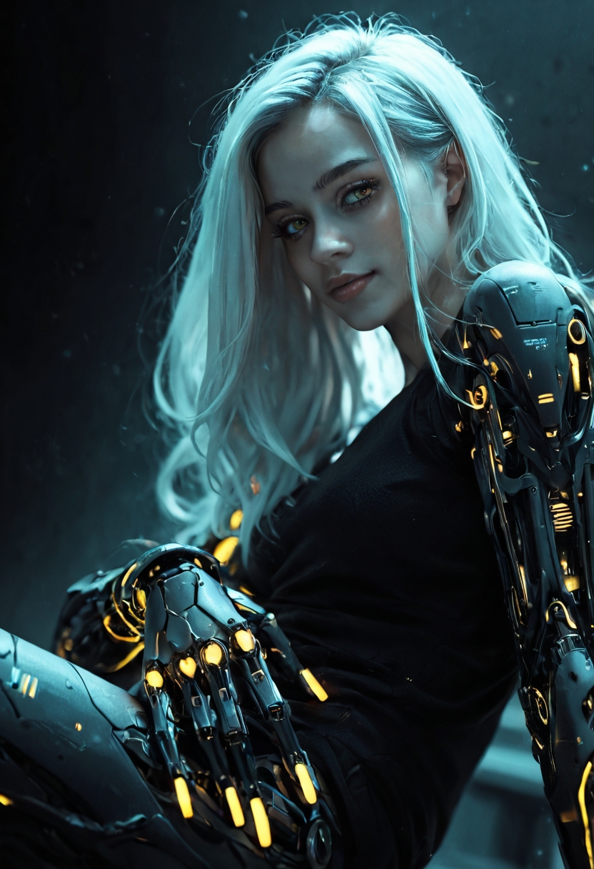 (sitting leg crossed, view from below),small face, female, (luminous neon white hair:1.4) with bangs, girl, mechanical limbs, shot on (polaroid:1.5) film, luminous, glossy, avantgarde, futuristic, poster art(,desaturated , limited color palette, high contrast, depth of field:1.4), looking at viewer, cinematic lighting, real, realism, source_photo, source_realism, (green ambient light:1.3), .score_9, score_8_up, score_7_up, <lora:new_wall_86:0.3>