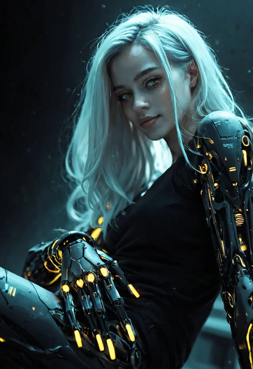 (sitting leg crossed, view from below),small face, female, (luminous neon white hair:1.4) with bangs, girl, mechanical limbs, shot on (polaroid:1.5) film, luminous, glossy, avantgarde, futuristic, poster art(,desaturated , limited color palette, high contrast, depth of field:1.4), looking at viewer, cinematic lighting, real, realism, source_photo, source_realism, (green ambient light:1.3), .score_9, score_8_up, score_7_up, <lora:new_wall_86:0.3>