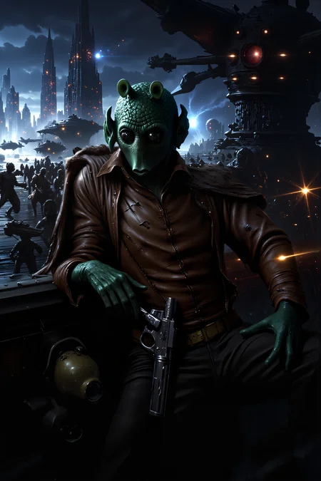 A hyper-realistic portrait, photorealistic photo close-up image of A male Rodian smuggler with snout leans casually against the hull of his freighter, his dark green skin almost blending into the worn, metal surface of the ship. His leather jacket is torn in places, a testament to countless close calls, and his blaster pistol rests loosely in its holster, ready for a quick draw if needed. Around him, the bustling spaceport is alive with activity; droids scurry by carrying crates, while starships of every size and shape land and take off in a chaotic dance. The air smells of fuel and fried street food, and the distant hum of engines reverberates in the background. The Rodianâs sharp eyes scan the crowd, always on the lookout for a potential job or a dangerous bounty hunter looking to cash in on his name. His ship, a patched-together freighter, hums faintly with idle power behind him, the boarding ramp extended like an open invitation. Overhead, the towering skyscrapers of the city reach toward the sky, their lights blinking in the dusk. The Rodianâs posture is relaxed, but thereâs a tension in his stanceâheâs always ready to run, always ready to fight. (photography, high-resolution, dynamic, energetic,hyper-realistic, dramatic lighting, shallow depth of field.), MythP0rt<lora:DnDDarkestFantasy:0.5><lora:FluxMythP0rtr4itStyle:0.75><lora:Dever_Flux_Enhancer:0.5><lora:Aura_Flux-000010:0.6><lora:RODIAN_1:1.1>