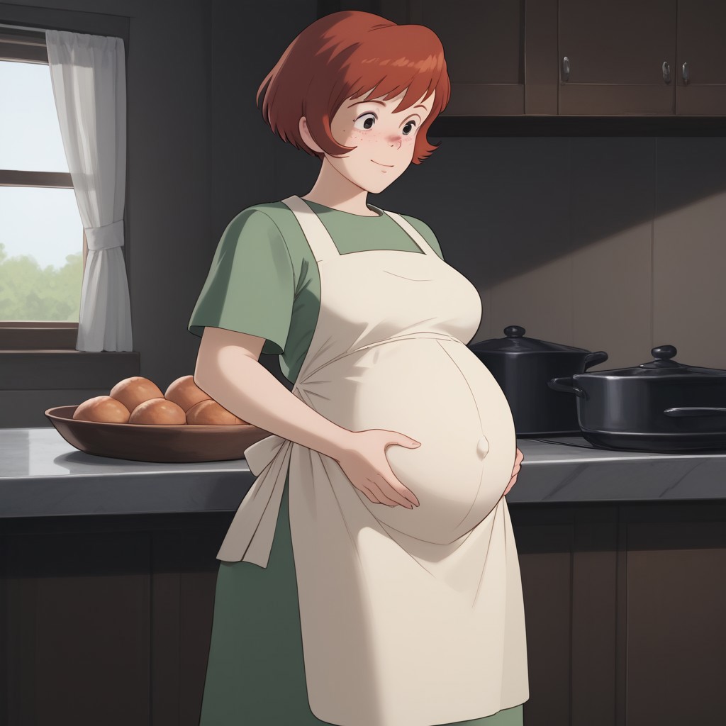 score_9, score_8_up, score_7_up, BREAK, solo, Osono, red hair, freckles, short hair, apron, dress, pregnant