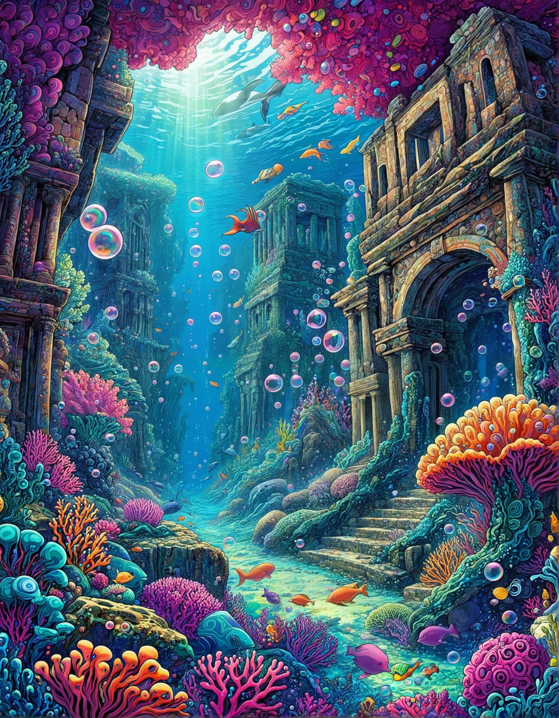 trippy artwork, illustration, abstract, vibrant, underwater, fantasy coral reef, colorful coral, fish, whales, kelp, aquatic vegetation, ancient ruins, rocks, bubbles, high contrasts
