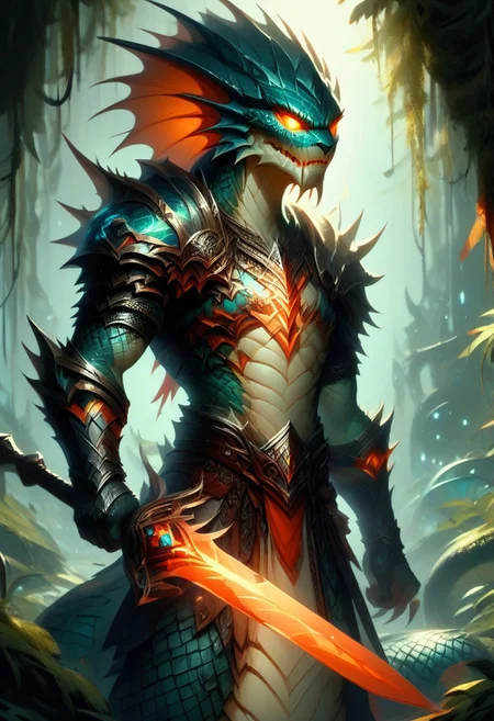 score_9, score_8_up, score_7_up, Naga,  holding a Glowing Rune Sword, glowing rune armor,