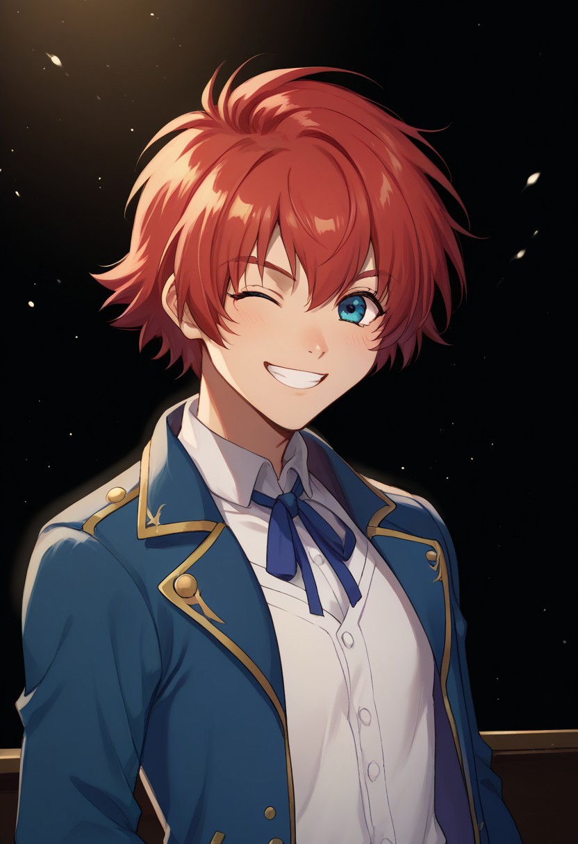 score_9, score_8_up, score_7_up, source_anime, highly detailed, 
reidhershel, solo, male focus, 1boy, red hair, blue eyes, idol clothes, upper body, wink, grin, shirt, white shirt, ribbon, neck ribbon, jacket, blue jacket,
indoor, stage