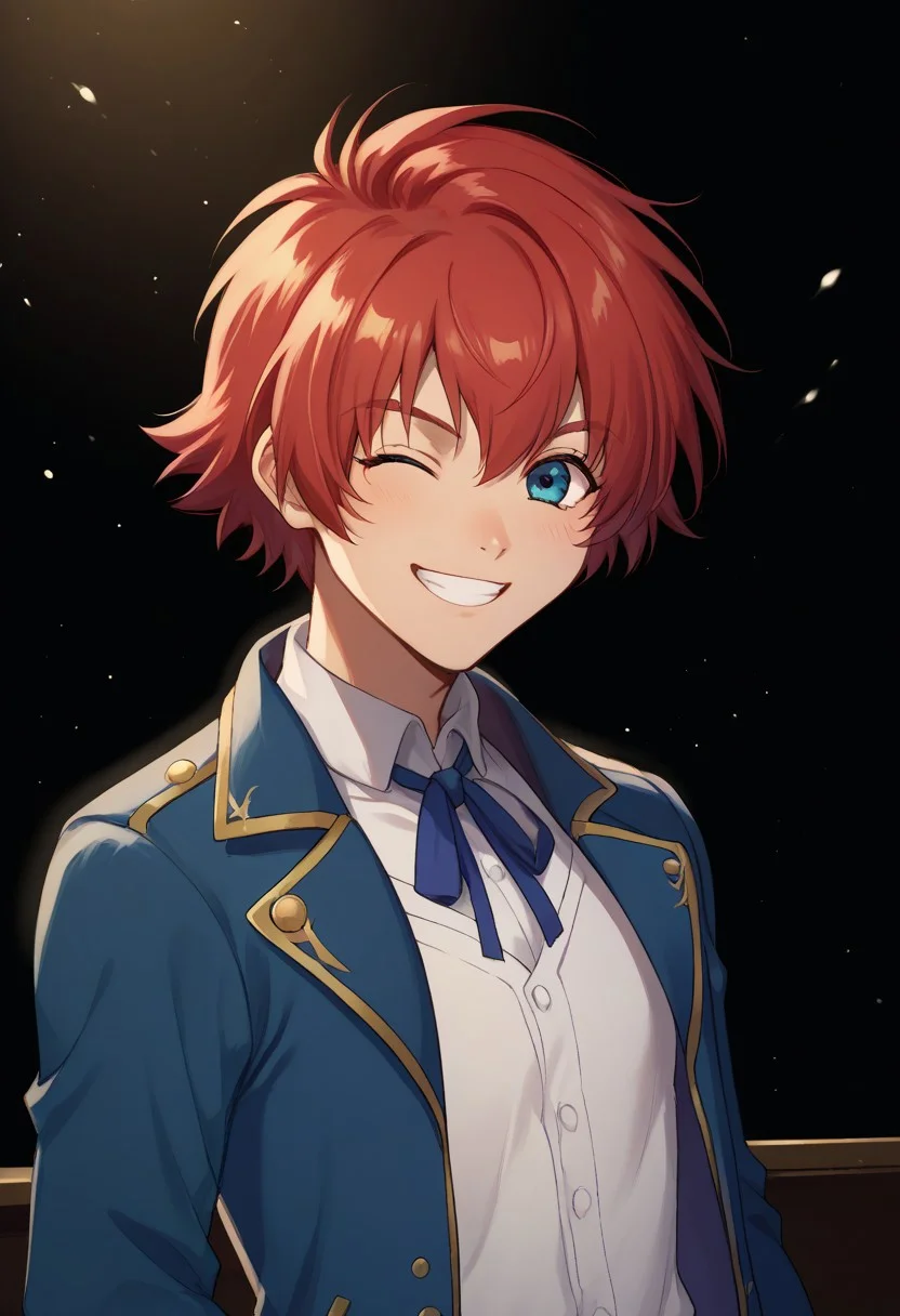 score_9, score_8_up, score_7_up, source_anime, highly detailed,
reidhershel, solo, male focus, 1boy, red hair, blue eyes, idol clothes, upper body, wink, grin, shirt, white shirt, ribbon, neck ribbon, jacket, blue jacket,
indoor, stage