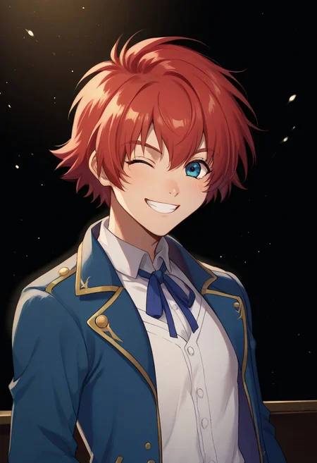 score_9, score_8_up, score_7_up, source_anime, highly detailed,
reidhershel, solo, male focus, 1boy, red hair, blue eyes, idol clothes, upper body, wink, grin, shirt, white shirt, ribbon, neck ribbon, jacket, blue jacket,
indoor, stage