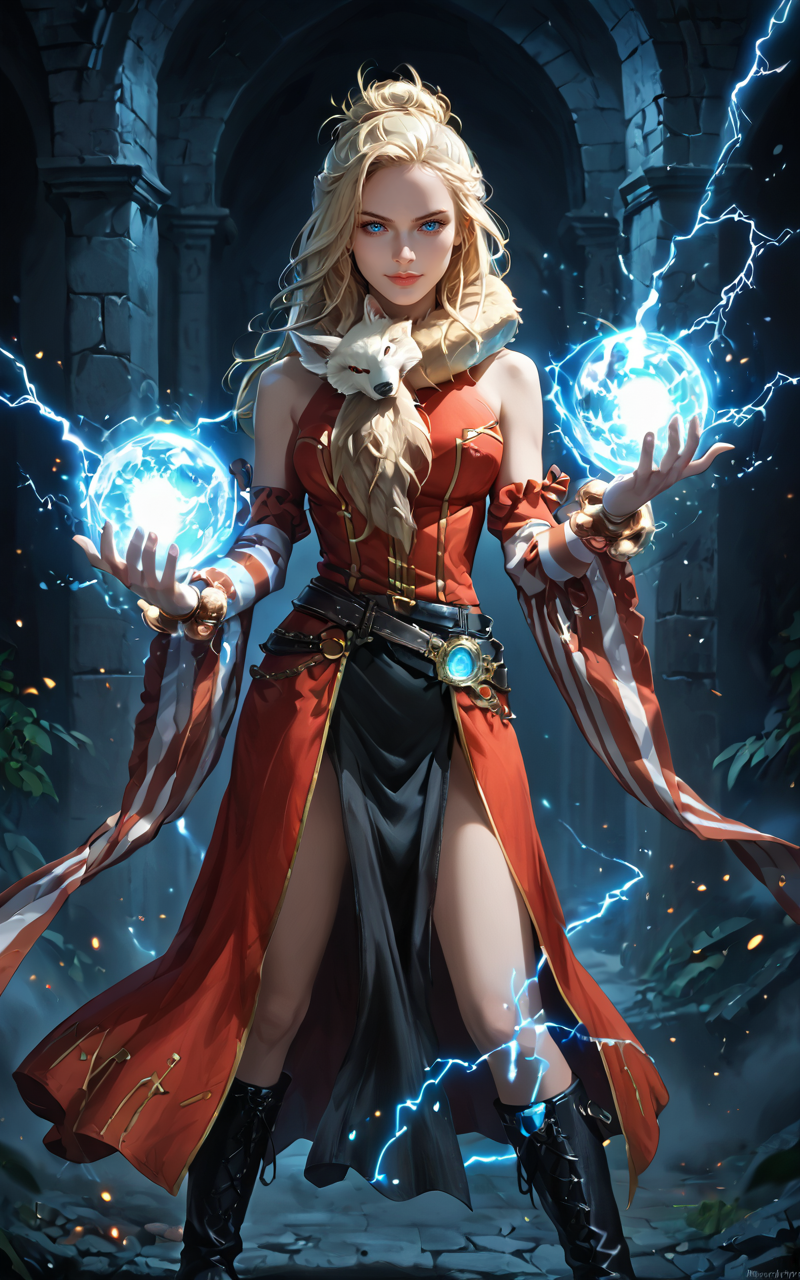 score_9,score_8_up,score_7_up,score_6_up,score_5_up,zPDXL2,8k,absurdres,fantasy style,art by artgerm and greg rutkowski,dimlighted,<lora:Expressive_H:0.5>,expressiveh,from side,(dark:1.4),fighting stance,sparks,lightning,<lora:dark_v1.9-pony:0.7>,(dungeon:1.3),dark theme,dim lighting,black theme,dark background,dark room,black background BREAK
1girl,solo,serious,updo  hair, blonde hair,blue eyes,<lora:profRoPonyV1.28:0.9>,profRO,animal around neck,bangle,striped sleeves,long dress,red dress,black pelvic curtain,belt,bracelet,detached sleeves,arm warmers,boots,<lora:OrbBlast:0.7>,green orb blast on one hand,looking at viewer,seductive smile,hand on own hair,