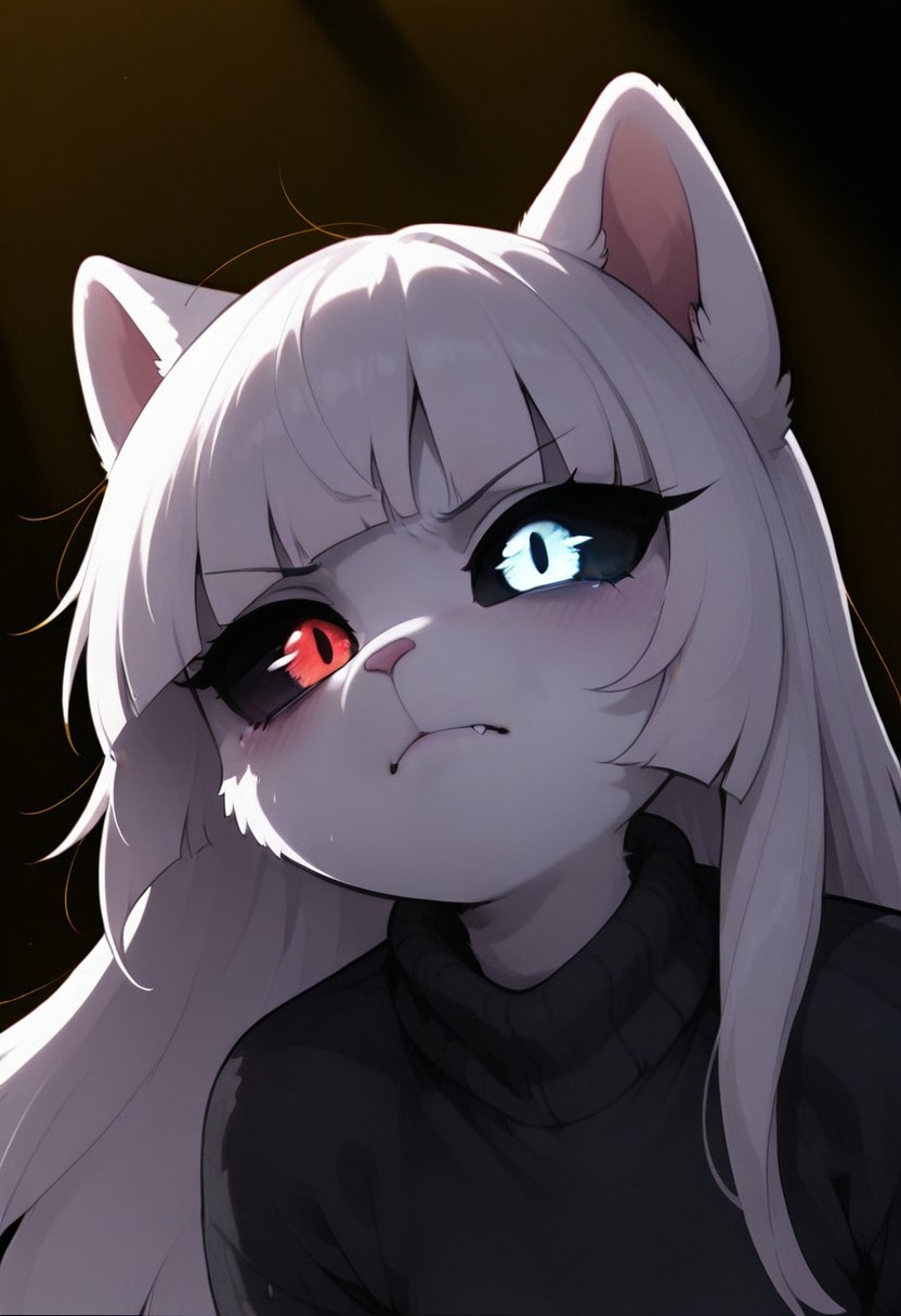 masterpiece,best quality,amazing quality,very aesthetic,absurdres,newest,(volumetric lighting)cat girl, Furry, close up, serious , Black Sweater, colored sclera, white hair, long hair, heterochromia, black sclera, ((detailed eyes)), Black flame background
 <lora:Maid Magic_Cat Girl:0.8>