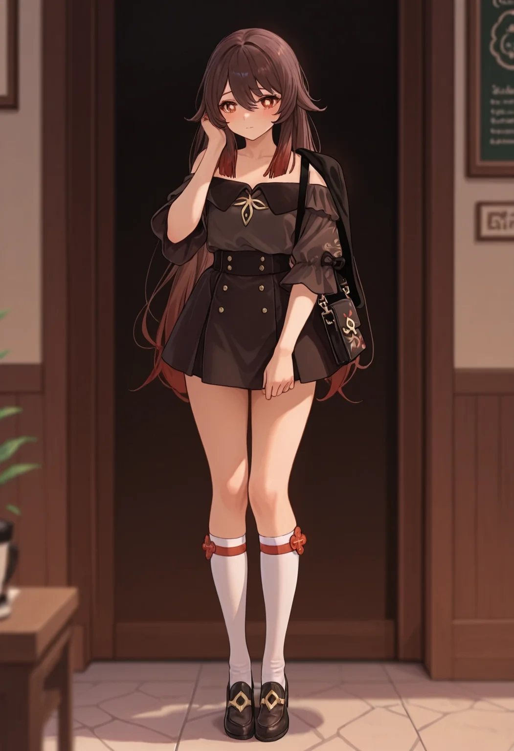 masterpiece, best quality, volumetric lighting, dramatic lighting, depth of field, sharp focus, semi realistic, realistic shading, warm natural lighting, (emphasize body curves:1.2), (mature female:1.2), (detailed face and eyes:1.2), (proper anatomy:1.3), natural interaction, (highlighted skin gloss:1.1),
BREAK
1girl, hu tao \(genshin impact\), standing outside cafe, long brown hair, off-shoulder blouse, short skirt, thigh-high socks, shy, hand touching hair, handbag on shoulder, legs together, full body, coffee shop entrance, waiting pose, warm afternoon, calm mood
<lora:illustrious_quality_modifiers_masterpieces_v1:0.6> <lora:MGE_V5.2_IL:0.7> <lora:ppw_v7_Illuv1.0_1_r2:0.4> <lora:USNR_STYLE_ILL_V1_lokr3:0.5>