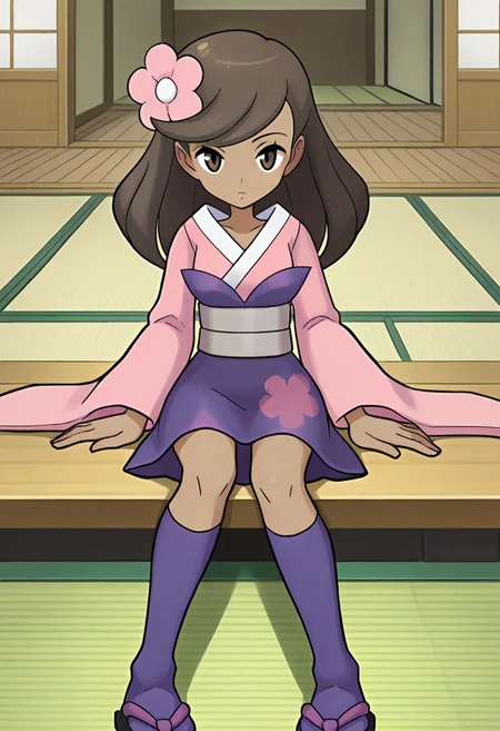 1girl, solo, sitting, dojo, tatami, full_body, close-up, girl_focus, furiblossom, long_hair, brown_hair, hair_flower, dark_skinned_female, brown_eyes, japanese_clothes, kimono, pink_kimono, sash, wide_sleevees, kneehighs, purple_socks, sandals