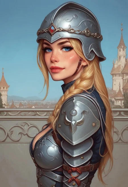 1girl, (((side view))), illustration, looking at viewer, highly detailed, source_comic_illustration, from front, 1girl, illustration, comic style, looking at viewer, highly detailed, source_comic_illustration, skinny, looking at viewer, 1girl, masterpiece, best quality, <lora:Evie_Frye_pxl:1> score_9, score_8_up, score_7_up, score_6_up, score_5_up, score_4_up, source_photo, source_real, 1girl, solo, long hair, breasts, ((gatekeeper clothes)), looking at viewer, blonde_hair, ((((medieval helmet)))), cleavage, closed mouth, blue eyes, guards armor, eyelashes, ((leather armor)), freckles, realistic, nose, (((dynamic pose, dynamic angle)))
BREAK
sad smile, looking at viewer,
BREAK
best quality, depth of field, bokeh, (((full clothed))) (best quality, high detail), ((masterpiece)), ((((holdind big sword in hands)))), <lora:1_ino_20e:1>
BREAK
((((blue sky, city)))) score_9, score_8_up, score_7_up, score_6_up, source_cartoon, rating_explicit, Expressiveh, (((((upper body))))), dynamic pose