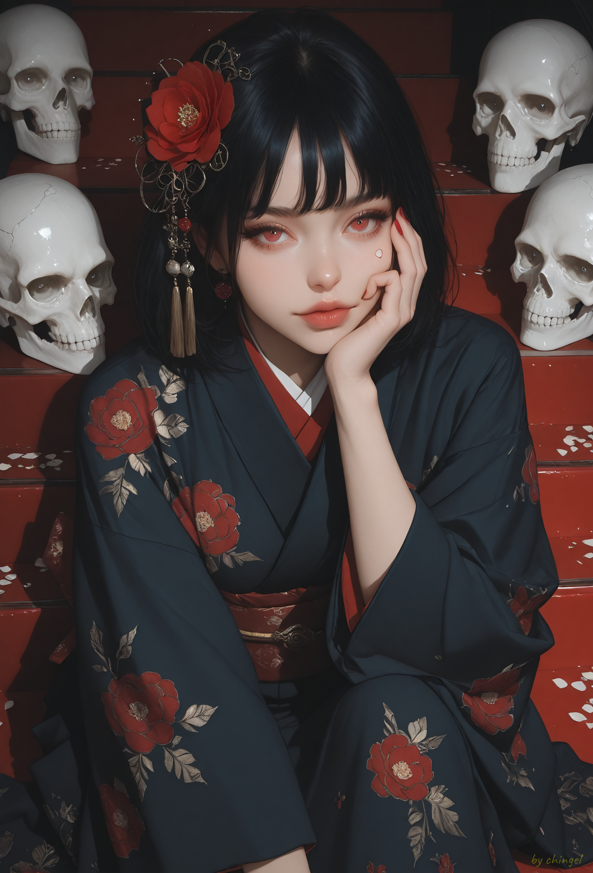 score_9, score_8_up, score_7_up,
best quality,masterpiece,highres,Highly detailed,realistic skin texture, detailed picture,UHD,32k,

rating_explicit,

A Glamour woman sitting gracefully on red stairs surrounded by scattered skulls, wearing a traditional Japanese kimono in black and red with intricate floral patterns. The woman has short black hair adorned with red floral ornaments and a serene, slightly playful expression. Her pose is relaxed, with one hand resting on her cheek, and her gaze is slightly to the side, creating a mysterious and elegant atmosphere. The environment is surreal and symbolic, with the contrast of vibrant colors and stark white skulls enhancing the dramatic and otherworldly tone. The art style features detailed anime-style illustration with high contrast and sharp line work