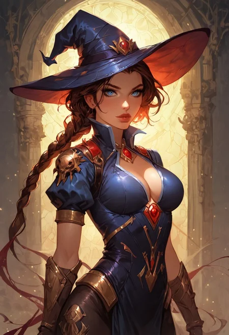 Stable_Yogis_PDXL_Positives, (score_9, score_8_up, score_7_up), source_nsfw, ((face focus, eye focus, dynamic angle, motion)), 1girl, fantasy, Tarot Card Style, ((spellbinderwidow, TRLCLAS)), (widowmaker (overwatch), goggles, witch hat, cape), (brown hair, single braid, lips, large breasts), breathless intimacy, textured skin, leggings, skirt, petite model bombshell, young, delicate features, narrow pointy nose, tiny nose, brown hair, medium length hair, lust, big eyes, seductive eyes, blue eyes, detailed skin, flared lashes, mascara, makeup, breasts, athletic body, narrow waist, wide hips, ((tiny waist)), ((hourglass figure)),((sexy pose)), sensual gaze,
warm light, detailed, neon dark party
BREAK
milky way, runes, arcane, astral, surreal, ethereal glow, masterpiece, best quality, intricate design. colorful, moonlit nightsky, moody whimsical color palette, bold soldering lines, volumetric light shining through, crepuscular rays, intricate craftsmanship, detailed texture, luminous transparency, reflective light play, vivid hues, atmospheric depth, enchanting silhouette, art nouveau,