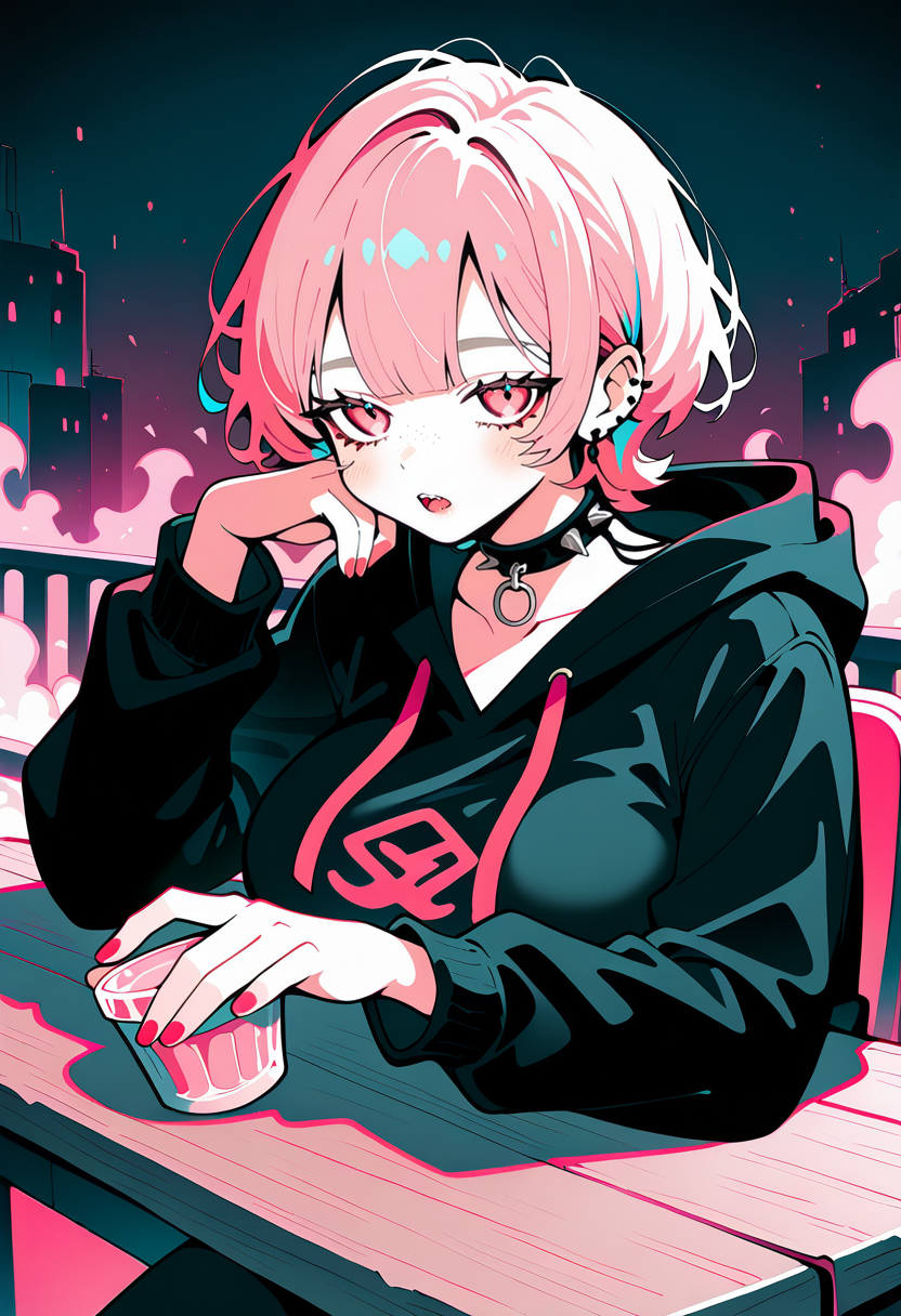 1girl,   hot pink hair, very short hair,      giant breasts,    
BREAK   1girl, elbows on table, upper body,      
BREAK              black leggings, choker, spike collar, black hoodie, goth girl,  dark aura, dust, black particles, fog, underground city,    
BREAK, (uekura eku:1.05), (nocopyrightgirl:1.0), (ilya kuvshinov:0.75), limited palette, monochrome, masterpiece, best quality, very aesthetic, absurdres, highres, very awa, newest, <lora:ponyv5_noobV065S_1_adamW:0.7>, <lora:lora:0.45>