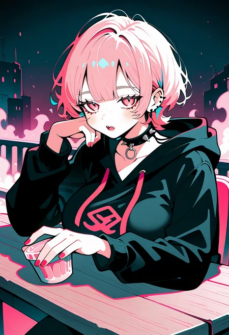 1girl,   hot pink hair, very short hair,      giant breasts,    
BREAK   1girl, elbows on table, upper body,      
BREAK              black leggings, choker, spike collar, black hoodie, goth girl,  dark aura, dust, black particles, fog, underground city,    
BREAK, (uekura eku:1.05), (nocopyrightgirl:1.0), (ilya kuvshinov:0.75), limited palette, monochrome, masterpiece, best quality, very aesthetic, absurdres, highres, very awa, newest, <lora:ponyv5_noobV065S_1_adamW:0.7>, <lora:lora:0.45>