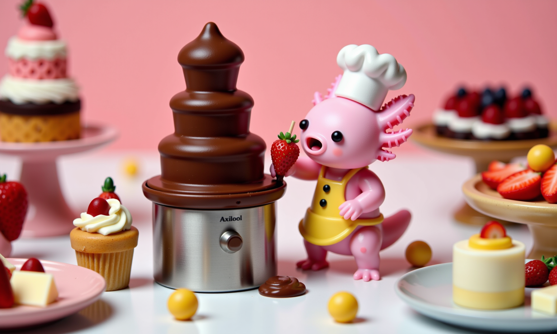 close-up of a pink axolotl in a tiny chefâs hat and apron, standing in front of a miniature chocolate fountain, carefully dipping a tiny skewer with strawberries; its frilly gills are perked up, and its round black eyes are filled with joy as chocolate drips onto the strawberry; tilt-shift blur on the background shows miniature desserts, plates of fruit, and other tiny treats, creating a delightful and sweet atmosphere with realistic textures and rich colors<lora:Axomodel_Flux_V2.safetensors:0.5:0.5> <lora:wh1m5y_style flat illustration__FLUX.safetensors:1:1>