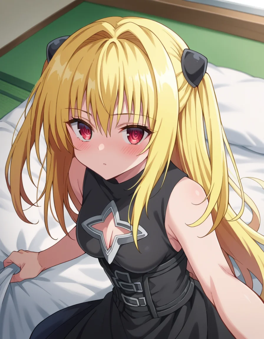 score_9, score_8_up, score_7_up, source_anime,
toloveruyami, <lora:golden-darkness-ponyxl-lora-nochekaiser:1>,
yami, yellow hair, long hair, red eyes, hair ornament, two side up,
sleeveless, detached sleeves, dress, black dress, black skirt, clothing cutout, cleavage cutout,
indoors, bed, bed room, on side, blush, drunk,
looking at viewer, cowboy shot, dutch angle, dynamic pose,