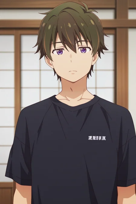 masterpiece, best quality, amazing quality,high resolution, intricate details,official style,depth of field,anime coloring,anime screencap, , , 1boy, solo, male focus, , ,  <lora:Wataru_Sajo:0.74>, wataru sajo,dark brown hair,purple eyes,short hair,looking at viewer, shirt, closed mouth, upper body, short sleeves, indoors, expressionless, t-shirt, black shirt,