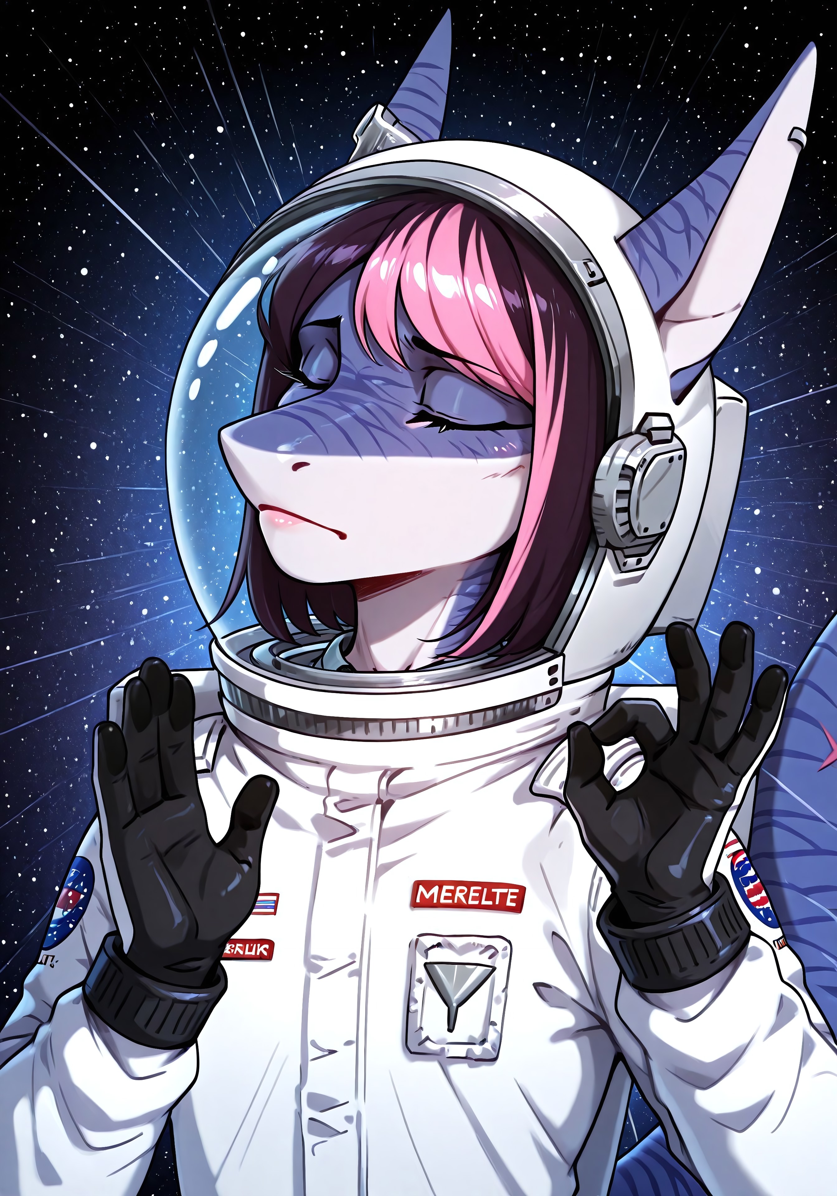 masterpiece, source_furry, high resolution, highly detailed macro illustration, BREAK 1boy, moonlitepxl, girly, femboy, slim, anthro shark, dark hair, pink hair, stripes on body, shark tail, ((astronaut suit with the words "Moonlite Sun")), (astronaut helmet with ear domes protecting his ears:1.2) BREAK mikus-style, p4ch4, hands up, ok sign, closed eyes, long eyelashes, closed mouth, (facing to the side:1.1), head tilt, portrait, (close-up:1.2) BREAK abstract space background, shining stars, detailed background BREAK sharp focus, perfect lighting, extremely detailed, high detail, cinematic softness