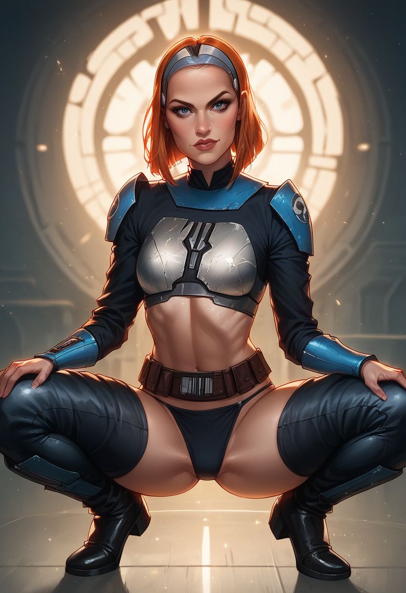 score_9, score_8_up, score_7_up, western cartoon, Expressiveh, volumetric lighting, dramatic lighting, g0thicPXL, fFaceDetail, ultra detailed, beautiful face, beautiful eyes, Bo-Katan Kryze, star wars, (small breasts:1.5), (skimpy armor), (sexy pose:1.5), (looking at viewer:1.5), (sci fi city:1.5), (blue ambient lighting), (panties), (thigh highs), (boots), (fight stance:1.5), (confident expression:1.5), (middle view:1.5), (crouching:1.5)