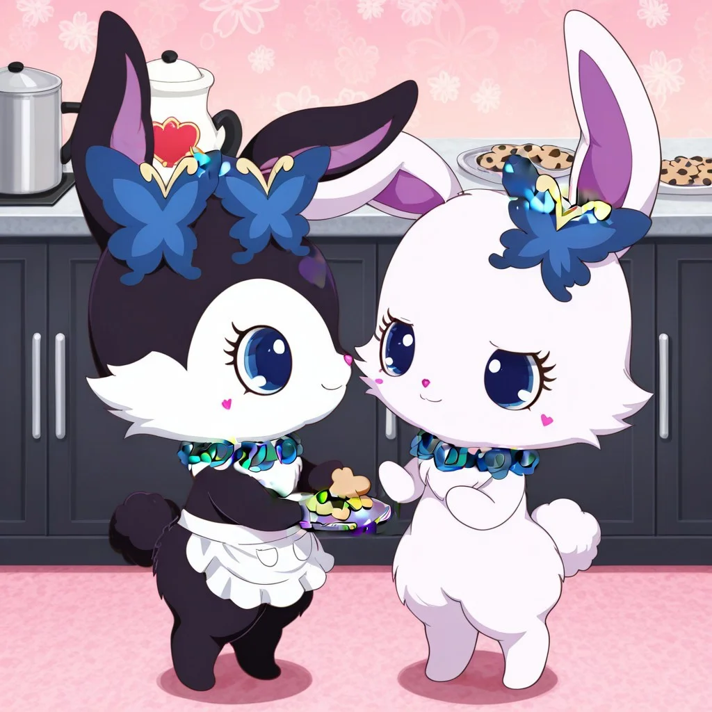 score_9, score_8_up, score_7_up, score_6_up, score_5_up,
best quality, masterpiece, smirks, Full Body, Romantic, Small Body, Furry, looking_pleasured, duo, female/female, 2girls, kitchen, chefs hat, chefs shirt, chefs skirt, rubyjp, no humans, rabbit, chibi, furry, hair ornament, necklace, jewelry, chest fur, white fur, holding cookie, looking at partner, luea, feral, blue eyes, rabbit, furry, rabbit ears, black fur, purple inner ear, white chest fur, white face, chibi, body fur, (blue butterfly hair ornament), (blue rose necklace), carry tray full of cookie,