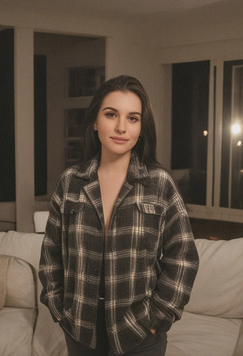 30yo woman wearing Plaid Polar Fleece Shacket with white textures 
long black dark hair slick back and smooth. Kissface. 
smile. Looking at camera. POV.
happy. 
Living room. Fully furnished.
Night time.
Portrait.