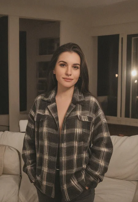 30yo woman wearing Plaid Polar Fleece Shacket with white textures
long black dark hair slick back and smooth. Kissface.
smile. Looking at camera. POV.
happy.
Living room. Fully furnished.
Night time.
Portrait.