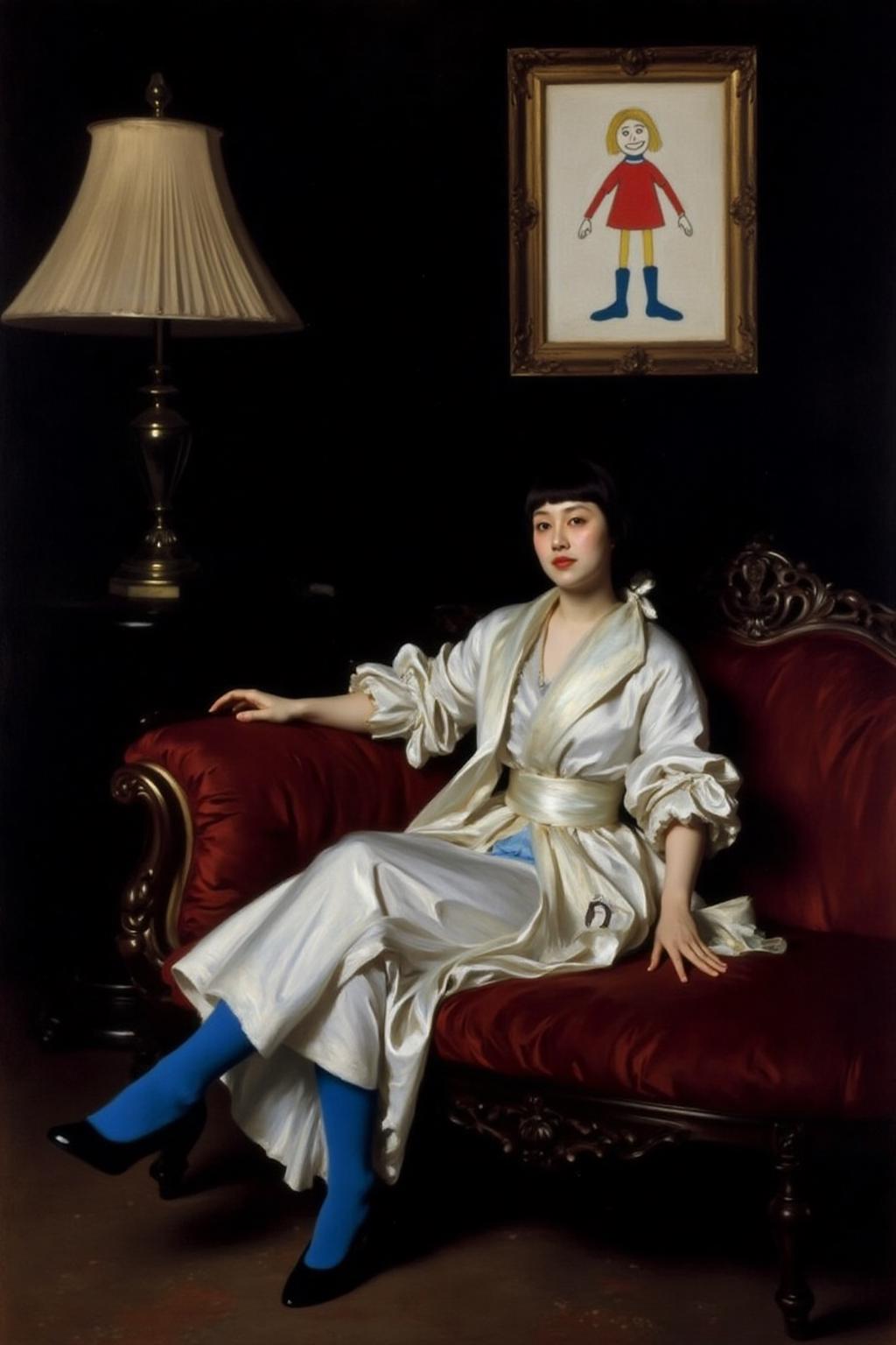 johnss1 painting.
This is a high-resolution classical painting featuring a woman seated on an antique, dark wooden chaise longue. The woman is of East Asian descent with a fair complexion and black, straight hair styled in a sleek bob. She is dressed in an avant-garde, white, oversized coat with voluminous sleeves that are tied in a dramatic, asymmetrical knot. Her outfit is complemented by bright, vivid blue, knee-high socks that contrast starkly with the white of her coat. She is seated with her legs crossed, and her posture is relaxed yet poised.
The background is a deep, dark black, creating a dramatic contrast with the woman's outfit and the light source. To her left, there is a tall, ornate lamp with a beige, pleated shade, casting a soft, warm light that highlights her features. Above her, on the dark wall, hangs a classical painting--except, instead of a traditional scene, it is a crayon drawing, done by a child. The crayon drawing features a simple stick figure with a round head, straight lines for arms and legs, and a big smile. The drawing is childishly colorful, with bright red for the body, yellow for the hair, and blue for the shoes. The figure's eyes are represented by two large dots and the smile by a curved line. This childlike, innocent drawing contrasts sharply with the sophisticated elegance of the woman, adding a whimsical touch to the otherwise classic setting.
 <lora:johnss2_cap_d6a3:1.0><lora:829201938525711911:0>