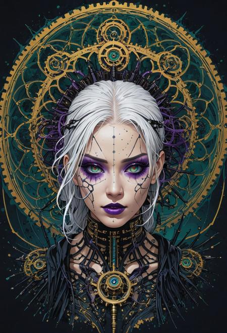 Blame! by Tsutomu Nihei see through cyborg, white hair, purple makeup, black assassin, mandala, geometry, looking at viewer, katana black oil splatter, is flying through a void of blue, golden plated cables everywhere, translucent glass head, gears in background, black oil splatter, green everywhere, symbiotic everywhere, insects everywhere titanium everywhere, electric everywhere, easynegative, ng_deepnegative_v1_75t