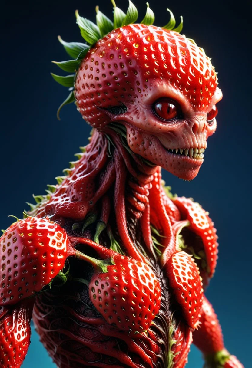 strwbrrxl, ((full body)), an otherworldly fantasy monstrous alien creaturecharacter textured by strawberry red skin, very detailed, 4k, masterpiece, morph, photo realistic, RAW photo, subject, 8k uhd,sharpened focus soft, lighting, high quality, The surface of the strawberry is dotted with numerous small seeds and has a bright red color, which is typical for ripe strawberries. hyper realistic and highly detailed, closeup portrait photo
 <lora:artialien:0.7> artialien