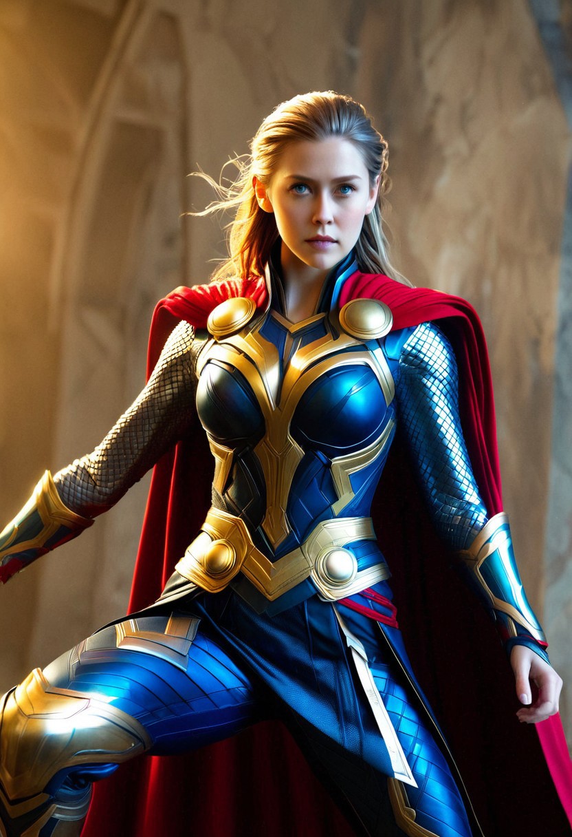 A lone female figure, clad in a intricately detailed Thor-inspired outfit, fills the frame in a hyper-realistic style, with precise textures and subtle reflections. Soft, golden lighting dances across her face and armor, set against a muted, atmospheric background. The camera captures her from a slightly lowered angle, emphasizing her powerful stance, with a shallow depth of field blurring the edges of her cape. The color palette is dark and rich, with metallic blues and golds dominating the scene, inviting the viewer to behold her heroic presence.