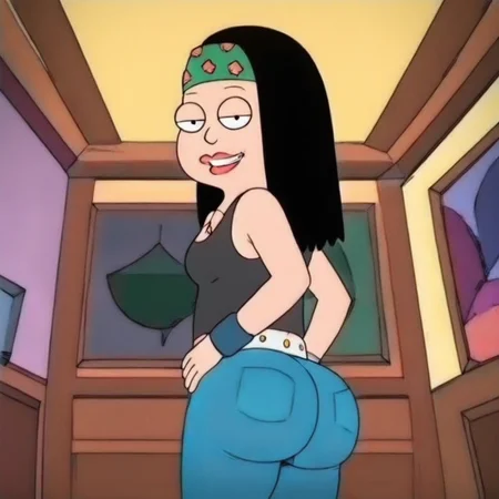 haysmi,1girl, solo, tank top, jeans, looking at viewer, cocky smile, aroused, ass, side view, living room,