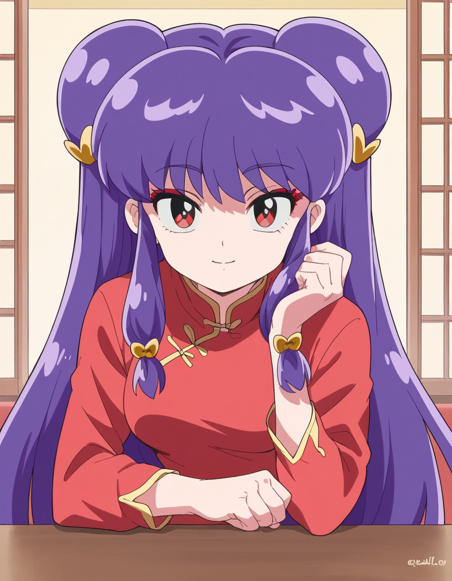 score_9, score_8_up, score_7_up, source_anime, <lora:shampoo-leak-ponyxl-lora-nochekaiser:1>, shampoo, shampoo (ranma 1/2), long hair, hair ornament, red eyes, purple hair, hair bun, double bun,, dress, chinese clothes, china dress, red dress, long sleeves,, indoors, smile, looking at viewer, solo, sitting, head rest, table,, cowboy shot, dutch angle