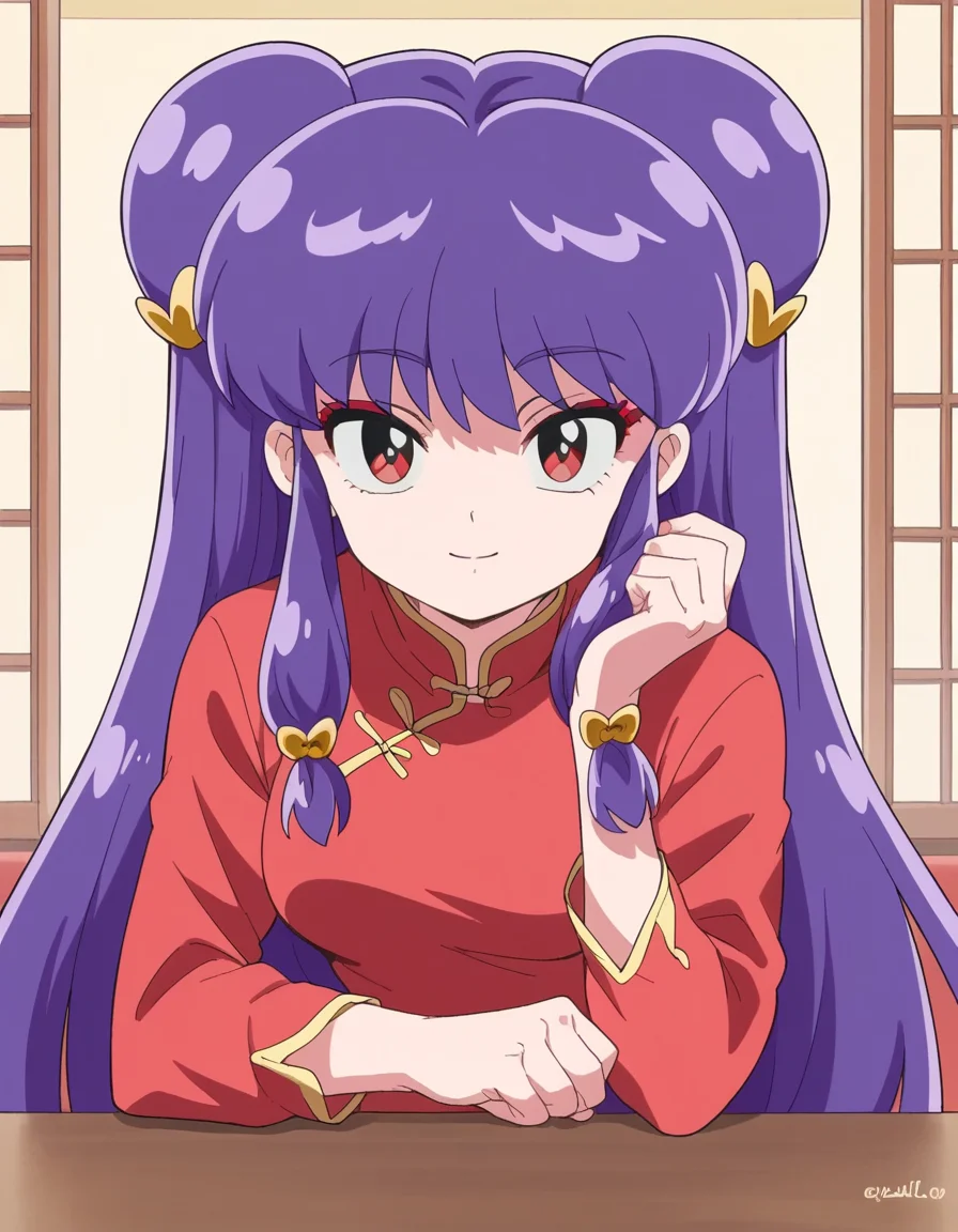 score_9, score_8_up, score_7_up, source_anime, <lora:shampoo-leak-ponyxl-lora-nochekaiser:1>, shampoo, shampoo (ranma 1/2), long hair, hair ornament, red eyes, purple hair, hair bun, double bun,, dress, chinese clothes, china dress, red dress, long sleeves,, indoors, smile, looking at viewer, solo, sitting, head rest, table,, cowboy shot, dutch angle