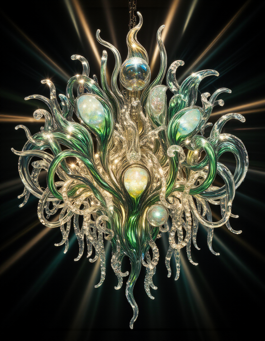 A mesmerizing chandelier made entirely of fine-cut glass, dripping with liquid marble textures that flow like molten opals. Each glass shard reflects vibrant greens and shimmering golds, while the marble appears alive, its patterns swirling in constant motion. Radiant light bounces off the crystalline surfaces, painting the surrounding space with glowing fractal-like patterns and soft iridescent gradients.
<lora:ral-kntcscptr-flux:1>  <lora:Fine-Cut_Glass_Flux:1>