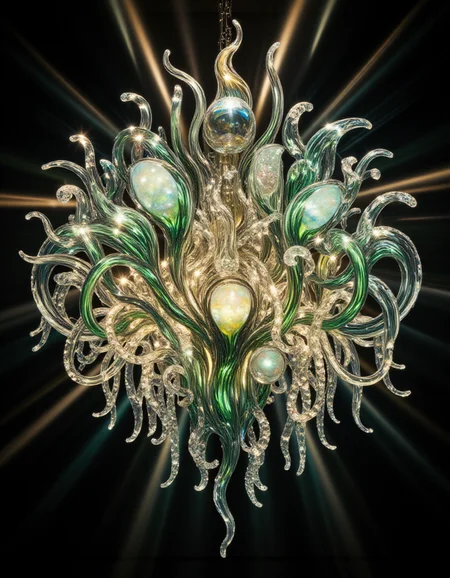 A mesmerizing chandelier made entirely of fine-cut glass, dripping with liquid marble textures that flow like molten opals. Each glass shard reflects vibrant greens and shimmering golds, while the marble appears alive, its patterns swirling in constant motion. Radiant light bounces off the crystalline surfaces, painting the surrounding space with glowing fractal-like patterns and soft iridescent gradients.
<lora:ral-kntcscptr-flux:1> <lora:Fine-Cut_Glass_Flux:1>