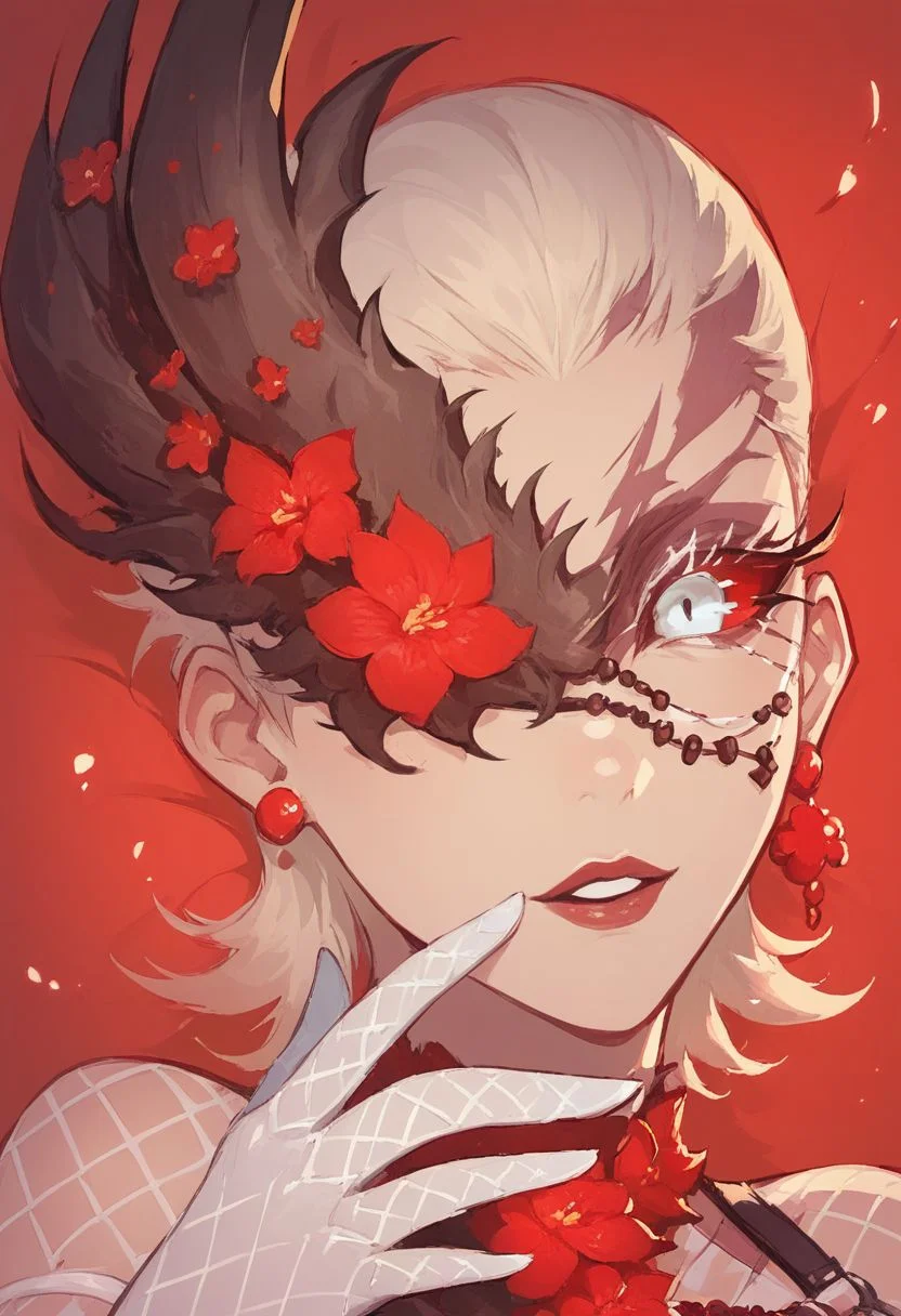score_9, score_8_up, score_8, pretty girl, Emblaymir, looking at the spectator,close up,
fishnets, stitches, White eyes, one eye covered, earrings, lace, holding, gloves, red sclera, flower, eye patch, short hair,perfect eyes,