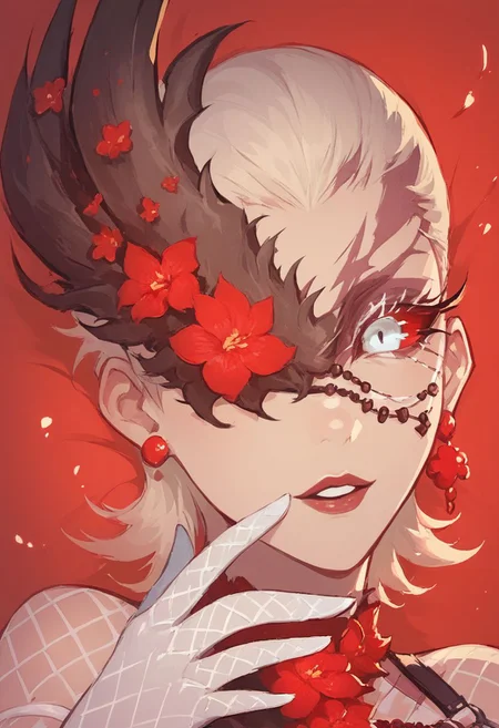 score_9, score_8_up, score_8, pretty girl, Emblaymir, looking at the spectator,close up,
fishnets, stitches, White eyes, one eye covered, earrings, lace, holding, gloves, red sclera, flower, eye patch, short hair,perfect eyes,