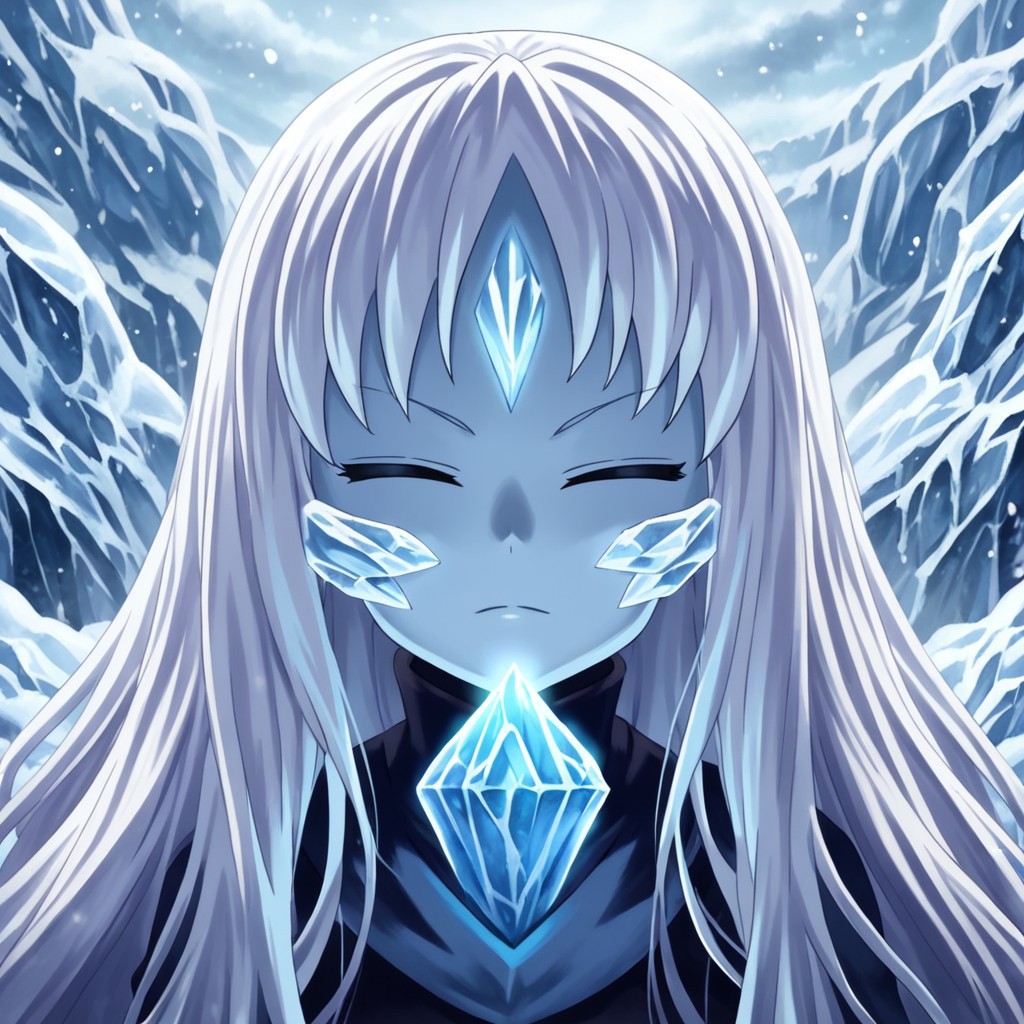 mana_sk, 1girl, solo, beautiful, ice elemental, snow in background, spectral form, long hair, white hair, holy, portrait, looking at the viewer, ( focus on face:1.2), closed eyes,