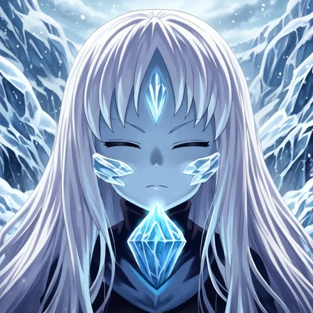 mana_sk, 1girl, solo, beautiful, ice elemental, snow in background, spectral form, long hair, white hair, holy, portrait, looking at the viewer, ( focus on face:1.2), closed eyes,