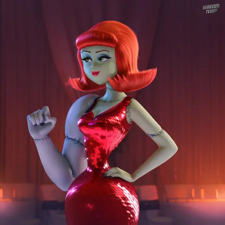 score_9_up, BREAK, frankenlady, 1girl, solo, red hair, short hair, green eyes, lipstick, makeup, red dress, colored skin, cowboy shot, <lora:Frankenlady_PXL_Leaf1:1>