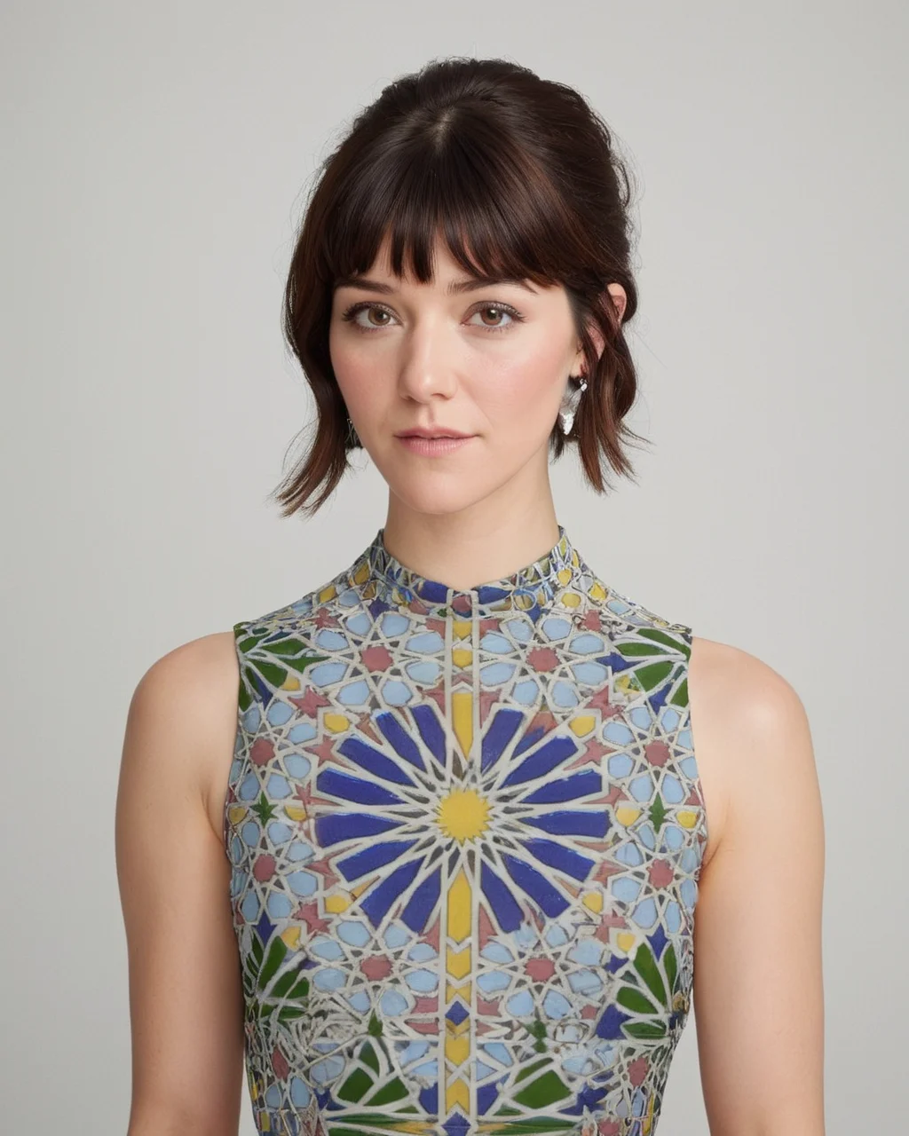 Elegant tiny Mary Elizabeth Winstead Bounty hunter, wearing Moroccan mosaic with Squares accessories, <lora:Zellij.safetensors:1> zlj-xl, colorful geometric pattern
