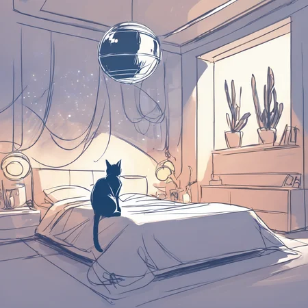 sketch, a cat sitting on a bed, futuristic bedroom, disco ball hanging from ceiling
<lora:sketch_style:1>