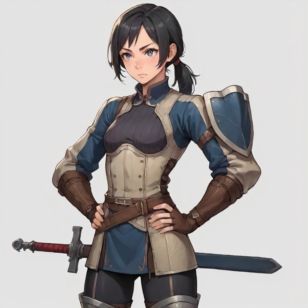 (cowboy shot, solo, simple background:1.4) BREAK <lora:MarianPony_v1:0.7> marian, 1girl, young woman, black hair, short hair, (gray-blue eyes), low ponytail, athletic body, strong. BREAK blue shirt, armor, hands on hips <lora:Clothing FEA Merc Armor v1:1> feamerc,, score9, masterpiece, detailxl. BREAK