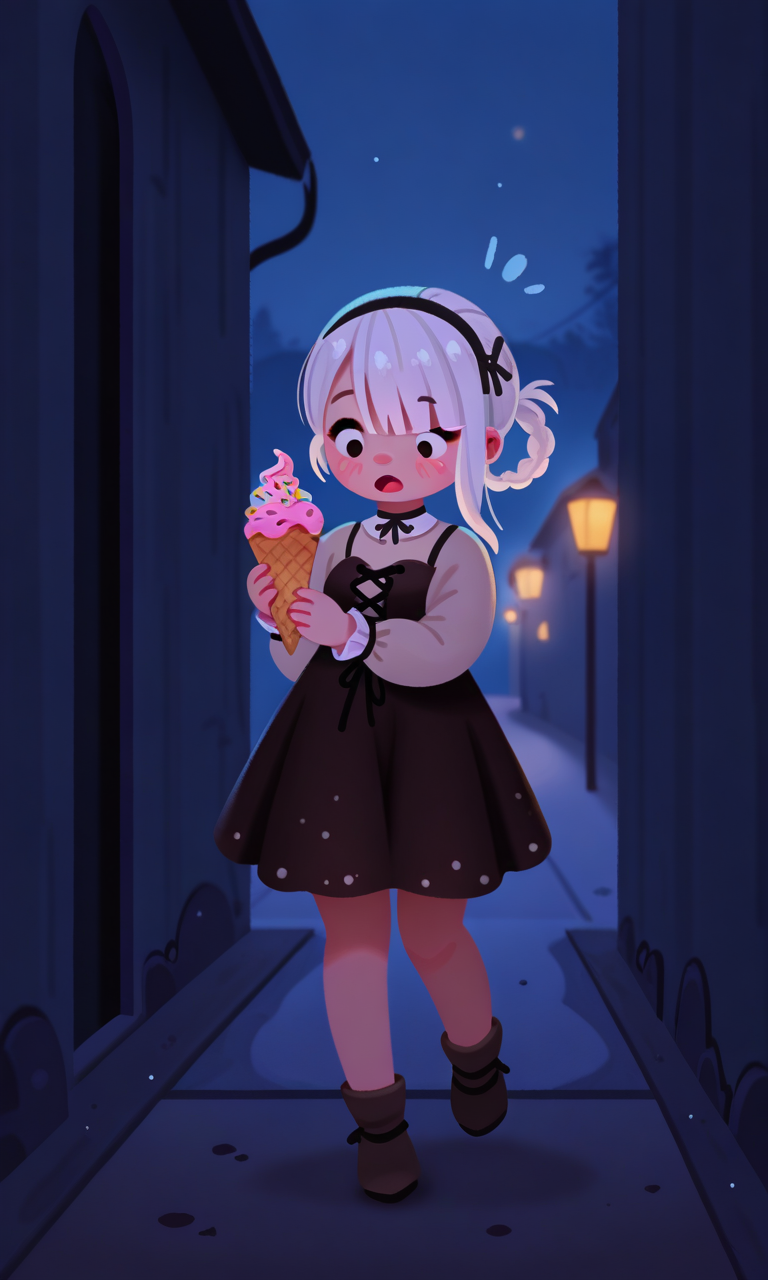 embedding:IllusP0s, pikaole, 1girl, holding icrecream cone, surprised, outdoors, night, 1girl, solo, kaine_\(nier automata\), white hair, embedding:IllustriousQual, embedding:Smooth Quality,<lora:pikaole_ill.safetensors:1.0:1.0>