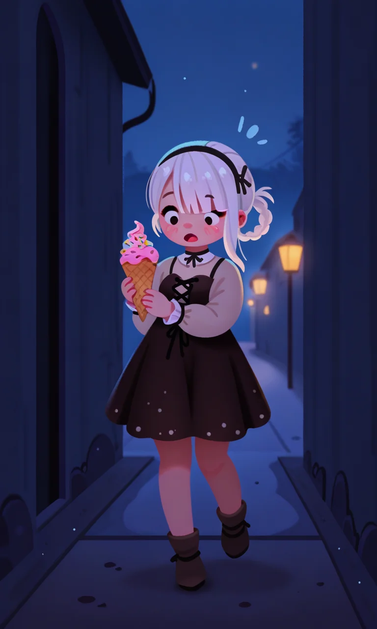 embedding:IllusP0s, pikaole, 1girl, holding icrecream cone, surprised, outdoors, night, 1girl, solo, kaine_\(nier automata\), white hair, embedding:IllustriousQual, embedding:Smooth Quality,<lora:pikaole_ill.safetensors:1.0:1.0>