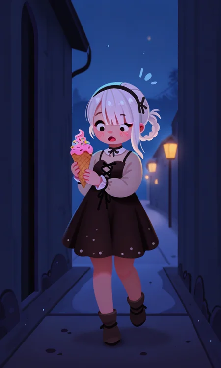 embedding:IllusP0s, pikaole, 1girl, holding icrecream cone, surprised, outdoors, night, 1girl, solo, kaine_\(nier automata\), white hair, embedding:IllustriousQual, embedding:Smooth Quality,<lora:pikaole_ill.safetensors:1.0:1.0>