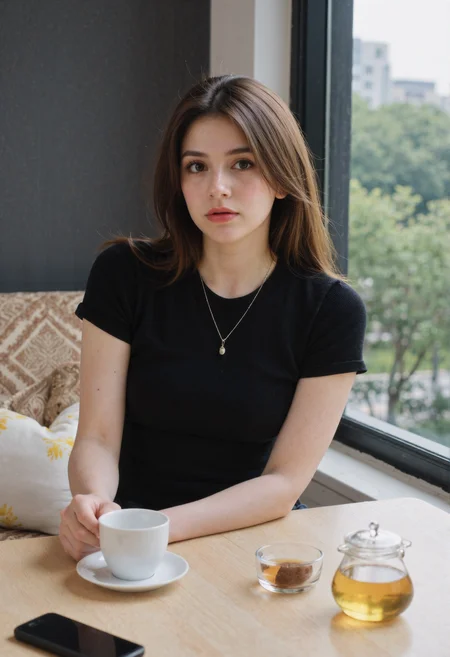 A woman with light brown hair and brown eyes sits at a table, looking directly at the viewer. She is wearing a black short-sleeved shirt and a silver necklace with a pendant. She has pink lipstick and noticeable makeup on her eyes. Her left hand is holding a white cup with a saucer, and her right hand is resting near the cup. On the light brown wooden table, there is a black phone to the left of her, a small glass container with a brown substance in the middle, and a clear glass teapot filled with a light yellow liquid to the right. The background consists of a dark gray wall behind her and a window to her right. Through the window, blurred green trees and a gray structure are visible. To the left of the woman, a patterned couch with beige and brown diamond shapes and a white pillow with yellow floral patterns is partially visible.