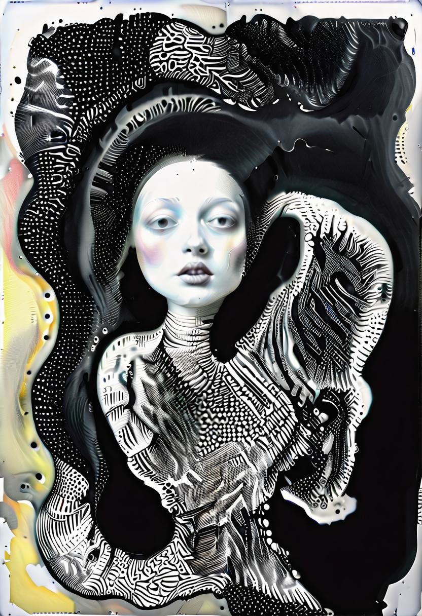 raw sketch of interwoven concrete cement pebbles cob cobblestone shell fishscales snakeskin, by Hans Bellmer, by Malevitch, by Kandinsky, Surreal psychedelic bizarre, psychedelic hallucination, pop surrealism, rough crosshatch drawing pop art Lunatic_Portrait of a young woman in latex Avant-garde Fashion page, slick back, low bun, black makeup, sinister expression, intense glare, (melting flesh covered in moss, rot, mold, bubbles, droplets:1.5), avant-garde, abstract, weird, geometric, constructivism, suprematism, rayonism, verticism, lineism, tj