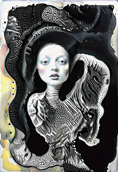 raw sketch of interwoven concrete cement pebbles cob cobblestone shell fishscales snakeskin, by Hans Bellmer, by Malevitch, by Kandinsky, Surreal psychedelic bizarre, psychedelic hallucination, pop surrealism, rough crosshatch drawing pop art Lunatic_Portrait of a young woman in latex Avant-garde Fashion page, slick back, low bun, black makeup, sinister expression, intense glare, (melting flesh covered in moss, rot, mold, bubbles, droplets:1.5), avant-garde, abstract, weird, geometric, constructivism, suprematism, rayonism, verticism, lineism, tj