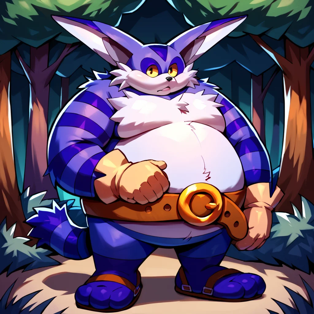 score_9, score_8_up, score_7_up, score_6_up, score_5_up, score_4_up, source_cartoon, <lora:Big_The_Cat_V2_Sonic_The_Hedgehog_PonyXL:1> big the cat, big, cat, furry, fat, obese, purple skin, white fluffy belly, yellow sclera, long ears, stripey arms, stripey tail, gloves, belt, three toes, purple feet,wandering in the forest, looking at viewer, forest background